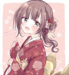  1girl 2024 alternate_costume ba_ra_ran blush brown_hair floral_background floral_print hair_ornament happy_new_year highres idolmaster idolmaster_cinderella_girls igarashi_kyoko japanese_clothes kimono looking_at_viewer looking_to_the_side obi red_kimono sash smile solo upper_body yukata 