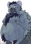 2024 anthro belly big_belly black_nose blush cute_fangs hi_res hyena kemono male mammal moobs navel nipples overweight overweight_male pubes simple_background solo tobyou_222 towel wet white_background