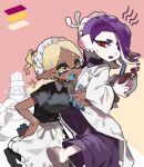  1boy 2girls :d apron big_man_(splatoon) black_dress blonde_hair blush bowl chef_hat colored_eyelashes dark-skinned_female dark_skin dress ear_blush earrings fake_facial_hair fake_mustache fangs food food_on_face frilled_apron frilled_headwear frills frye_(splatoon) hachimaki hair_over_one_eye hand_on_another&#039;s_waist hand_on_own_hip hat headband highres holding holding_bowl inkling jewelry looking_back maid maid_apron maid_headdress mixing_bowl multiple_girls musical_note nejiri_hachimaki octoling official_alternate_costume open_mouth pink_background pointy_ears ponytail purple_hair red_eyes shirt shiver_(splatoon) short_sleeves slippers smile sodamika splatoon_(series) splatoon_3 suction_cups sweatdrop teeth tentacle_hair tooth_earrings upper_teeth_only waist_apron white_apron white_headdress white_shirt yellow_eyes 