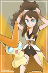  1girl absurdres adjusting_clothes adjusting_headwear arciarcy black_shorts blue_eyes brown_hair collarbone crossed_arms fangs highres hilda_(pokemon) hilda_(sygna_suit)_(pokemon) looking_at_viewer official_alternate_costume pokemon pokemon_(creature) pokemon_masters_ex ponytail shorts smile twitter_username victini 