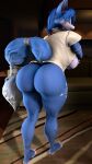 3d_(artwork) anthro big_butt blue_body blue_fur blue_hair blush bottomless breasts bubble_butt butt canid canine clothed clothing digital_media_(artwork) female fox fur furniture hair hi_res holding_breast huge_butt krystal_(star_fox) kyleroo looking_at_viewer looking_back mammal mostly_nude muscular muscular_female nintendo presenting presenting_hindquarters side_boob sofa solo source_filmmaker star_fox tail teeth thick_thighs warfare_krystal warfare_machine white_body white_fur wide_hips
