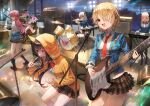  6+girls aikawa_megumi asakura_karen_(heaven_burns_red) bass_guitar black_footwear black_headwear black_socks blonde_hair blue_jacket bow brown_skirt character_request closed_eyes drum drum_set drumsticks eye_trail gold_trim hair_over_one_eye heaven_burns_red highres holding holding_drumsticks holding_microphone hood hooded_jacket instrument izumi_yuki_(heaven_burns_red) jacket kayamori_ruka keyboard_(instrument) kunimi_tama light_trail microphone microphone_stand multiple_girls music necktie pink_hair plaid plaid_skirt playing_instrument plectrum purple_hair red_bow red_eyes school_uniform sharp_teeth singing skirt socks sonchi speaker standing teeth toujou_tsukasa white_hair yellow_jacket 