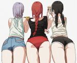  1boy 3girls ass black_hair black_shirt black_shorts blue_shorts braid braided_ponytail cellphone chainsaw_man commentary denji_(chainsaw_man) english_commentary fami_(chainsaw_man) food from_behind grey_background grey_hair holding holding_food holding_phone long_hair low_twintails makima_(chainsaw_man) mitaka_asa multiple_girls no_pants panties phone pizza pizza_slice pocket red_hair red_panties shiren_(ourboy83) shirt short_hair short_shorts shorts simple_background sleeveless sleeveless_shirt twintails underwear white_background white_shirt 