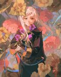  1girl belt black_belt black_pants black_robe bridal_gauntlets brown_eyes closed_mouth fire_emblem fire_emblem_awakening floating_hair flower gold_trim highres holding holding_flower hood hood_down hooded_robe leaf long_hair long_sleeves looking_at_viewer pants pink_flower purple_flower ra_sunflower robe robin_(female)_(fire_emblem) robin_(fire_emblem) shirt smile solo swept_bangs twintails white_shirt 