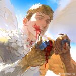  1boy blonde_hair blood blood_from_mouth blood_on_face blue_octopus12 death disembodied_tongue dual_persona dungeon_meshi feathered_wings harpy_boy highres laios_thorden licking_lips lizaoyuwanzidan_(weibo6293423540) male_focus monster_boy monsterification thick_eyebrows tongue tongue_out wings yellow_eyes 