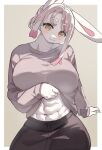 :3 abs anthro big_breasts black_clothing blush breasts clothed clothing clothing_lift eyebrow_through_hair eyebrows eyelashes female fur grey_background grey_clothing hair hi_res huge_breasts lagomorph leporid looking_at_viewer mammal medium_hair miyanokoko muscular muscular_female navel pink_blush rabbit shirt shirt_lift simple_background smile solo standing topwear translucent translucent_hair tsukareta-inu_no_anime white_body white_fur white_hair yellow_eyes