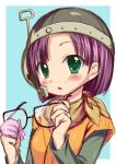  1girl blush bucchake_(asami) chrono_trigger glasses green_eyes helmet looking_at_viewer lucca_ashtear open_mouth purple_hair short_hair solo 