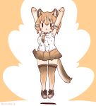  1girl animal_ears arms_up asian_golden_cat_(kemono_friends) brown_background brown_hair cat_ears cat_girl cat_tail coroha elbow_gloves extra_ears full_body gloves jumping kemono_friends looking_at_viewer necktie shirt shoes simple_background skirt sleeveless sleeveless_shirt solo tail thighhighs 