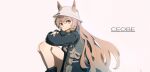  1girl absurdres animal_ears arknights black_footwear black_jacket black_socks boots brown_hair ceobe_(arknights) ceobe_(unfettered)_(arknights) character_name crossed_arms dog_ears dog_girl ears_through_headwear from_side haku_(muc12b) hat highres jacket knees_up looking_at_viewer official_alternate_costume orange_nails pouch red_eyes simple_background sitting socks solo white_background white_headwear 