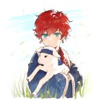  1boy amagi_hiiro animal bangs blue_eyes blue_robe child clothed_animal day earrings ensemble_stars! falling_leaves flower grass highres holding holding_animal horns jewelry leaf long_sleeves looking_at_viewer male_child male_focus petals red_hair sheep_horns shitan_(tantan_0821) short_hair wind yellow_flower 