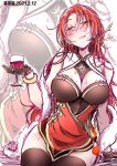  1girl 2021 absurdres alcohol bare_shoulders black_gloves blush breasts china_dress chinese_clothes cleavage closed_mouth cup dress drinking_glass fei_lio_mao gloves highres holding holding_cup honkai_(series) honkai_impact_3rd large_breasts long_hair mole mole_on_breast murata_himeko murata_himeko_(vermillion_knight) red_dress red_hair sleeveless sleeveless_dress smile solo thighhighs tongue tongue_out wine wine_glass yellow_eyes 
