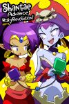  bare_shoulders blue_eyes cable colored_skin earrings game_boy_advance_sp game_link_cable handheld_game_console hat highres jewelry navel open_mouth pirate pirate_hat purple_hair red_eyes risky_boots sakurajyousui_nami shantae shantae_(series) teeth tiara tongue upper_body 