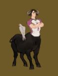  1boy animal_ears bird black_eyes brown_background brown_hair brown_horns centauroid chengongzi123 closed_mouth commentary cow_boy cow_ears cow_horns cow_tail crossed_arms full_body haikyuu!! highres hooves horns looking_to_the_side male_focus monster_boy monsterification shirt short_hair short_sleeves simple_background sportswear standing symbol-only_commentary t-shirt tail taur ushijima_wakatoshi very_short_hair volleyball_uniform water_buffalo 
