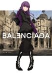  1girl bag balenciaga black_dress black_footwear blunt_bangs boots contemporary dangle_earrings dress earrings fashion fern_(sousou_no_frieren) full_body handbag hashtag_only_commentary high_heel_boots high_heels highres jewelry letterboxed parted_lips purple_eyes purple_hair solo sousou_no_frieren standing striped_clothes striped_dress t.k.c vertical-striped_clothes vertical-striped_dress 