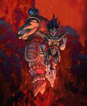  2boys armor bald black_hair blue_bodysuit bodysuit boots dragon_ball dragon_ball_z facial_hair gloves highres monkey_tail multiple_boys muscular muscular_male mustache nappa red_background saiyan saiyan_armor scouter smoke spiked_hair tail vegeta warrickwong white_footwear white_gloves 