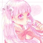 1girl blunt_bangs blush bow candy capelet close-up commentary_request eyelashes food hair_bow lollipop long_sleeves looking_at_viewer looking_up mrnmikannn neck_ribbon one_piece perona pink_eyes pink_hair pink_theme ribbon signature twintails 