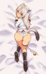  1girl all_fours animal_ears ass bed_sheet bell black_socks blue_eyes body_markings cat_ears cat_girl cat_tail cougar_(cougar1404) dakimakura_(medium) from_above from_behind grey_hair heterochromia jacket jingle_bell long_hair long_sleeves looking_at_viewer looking_back on_bed open_mouth original panties shoes silui_(cougar1404) socks solo sweatdrop tail tan thigh_strap tiger_stripes underwear white_footwear white_jacket white_panties yellow_eyes 