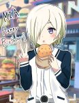  1girl blonde_hair blurry blurry_background blush burger character_name commentary_request ear_piercing food hair_over_one_eye happy_birthday highres holding holding_food jacket long_hair looking_at_viewer love_live! love_live!_nijigasaki_high_school_idol_club mia_taylor one_eye_covered open_mouth piercing purple_eyes ranmaki125 shirt short_hair solo upper_body v viewfinder white_jacket white_shirt 