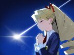  blonde_hair blue_jacket closed_eyes drill_hair hair_ribbon highres jacket long_hair luna_platz_(mega_man) mega_man_(series) mega_man_star_force necktie night own_hands_together red_necktie red_ribbon ribbon sadamoto_hokuto shirt shooting_star star_(sky) tears twin_drills white_shirt 