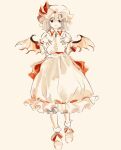  1girl closed_mouth commentary dress frilled_dress frills full_body full_lake hands_up hat highres looking_at_viewer medium_hair mob_cap red_eyes red_ribbon remilia_scarlet ribbon short_sleeves simple_background socks solo standing touhou white_dress white_headwear white_socks wings wrist_cuffs 
