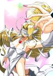  1girl arm_up blindfold blonde_hair breasts cleavage digimon digimon_(creature) dress drill_hair green_eyes head_wings highres large_breasts long_hair panties pink_nails revealing_clothes sawa_d solo strapless strapless_dress underwear venusmon very_long_hair white_dress white_panties wings 