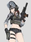  1girl absurdres assault_rifle black_gloves black_shorts blue_eyes brown_hair chest_rig combat_helmet commission eotech gar32 gloves grey_background grey_headwear grey_shirt gun handgun helmet highres holster looking_to_the_side magazine_(weapon) military_uniform optical_sight original rifle serious shirt shorts sig_mcx sig_sauer solo stomach suppressor termichan_(not-a-bot) thigh_holster uniform weapon weapon_request 