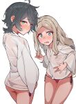  2girls absurdres asakaze_(kancolle) ass bikini bikini_bottom_only black_hair blue_eyes blush closed_mouth covered_nipples flat_chest green_eyes highres kantai_collection long_hair long_sleeves looking_at_viewer matsukaze_(kancolle) multiple_girls nipples nose_blush open_mouth red_bikini see-through shiawase_hougan short_hair side-tie_bikini_bottom sidelocks simple_background sweat swimsuit white_background wide_sleeves 