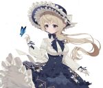  1girl absurdres black_eyes blonde_hair blue_dress breasts bug butterfly dress frilled_dress frills gloves hat hat_ornament highres large_breasts long_dress long_hair long_sleeves looking_to_the_side original pointy_ears ribbon seoki_(hi3031) simple_background solo top_hat two-tone_dress victorian white_background white_dress white_gloves 