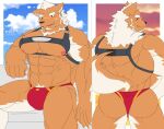 abs anthro brown_body brown_fur builderbeast_f bulge butt canid canine canis clothed clothing fur hi_res lifewonders male mammal marchosias_(tas) muscular muscular_anthro nipples pecs scar skimpy solo speedo swimwear tokyo_afterschool_summoners wolf
