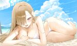  1girl asuna_(blue_archive) bad_anatomy bare_arms bare_legs bare_shoulders beach bikini blue_archive blue_eyes blush breasts cleavage day hair_over_one_eye haruri highres large_breasts light_brown_hair long_hair ocean open_mouth outdoors smile solo swimsuit white_bikini 