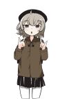  1girl :o ahoge beret black_headwear black_skirt blush brown_eyes brown_jacket collared_jacket cropped_legs double_fox_shadow_puppet fox_shadow_puppet grey_hair half-closed_eyes hands_up hat hatoba_tsugu highres jacket long_sleeves looking_at_viewer mole mole_under_eye olo366 pantyhose pleated_skirt raised_eyebrows simple_background single_hair_ring skirt solo standing tsugu_(vtuber) white_background white_pantyhose 