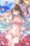  1girl ass_visible_through_thighs black_choker blurry bra breasts brown_hair bug butterfly capelet choker cleavage commentary_request cowboy_shot depth_of_field earrings floating_hair flower gold_trim green_eyes hand_up highres holding holding_umbrella jewelry lingerie long_hair looking_at_viewer medium_breasts miwabe_sakura multi-strapped_panties navel open_mouth original panties pink_bra pink_panties ribbon_choker skindentation smile solo standing stomach string_panties thighs transparent transparent_umbrella tulip twisted_hair umbrella underwear underwear_only very_long_hair 
