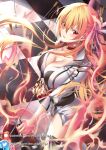  1girl alisa_reinford blonde_hair blush bow_(weapon) breasts eiyuu_densetsu excaliblader fire holding holding_bow_(weapon) holding_weapon large_breasts long_hair looking_at_viewer ponytail red_eyes sen_no_kiseki sen_no_kiseki_iii solo weapon 