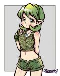  1girl artist_name border camouflage camouflage_shirt closed_mouth commentary_request eyelashes green_eyes green_hair green_shorts highres jewelry medium_hair midriff navel necklace outside_border pointy_ears saria_(zelda) shirt shorts simple_background solo standing thaumana the_legend_of_zelda the_legend_of_zelda:_ocarina_of_time white_background white_border 