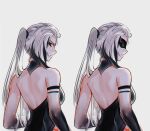  1girl alternate_hairstyle aoiabyss arlecchino_(genshin_impact) backless_outfit bare_back bare_shoulders black_hair commentary_request eye_mask from_behind genshin_impact grey_background grey_hair highres long_hair looking_at_viewer multicolored_hair multiple_views parted_lips ponytail simple_background streaked_hair upper_body very_long_hair 