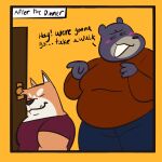 1:1 2023 anthro anukkyt bear black_bear blush canid canine canis domestic_dog door duo english_text gesture hand_gesture hi_res holidays male mammal narrowed_eyes overweight overweight_male pointing short simple_background size_difference smile snaggle_tooth suggestive suggestive_look talking_to_another text thanksgiving ursine yellow_background