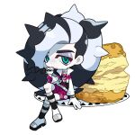  1boy black_hair blue_eyes cropped_jacket cup deformed eyeshadow holding holding_cup makeup male_focus multicolored_hair pale_skin pendant_choker piers_(pokemon) pokemon pokemon_swsh renji_(re_lv0) simple_background sitting solo two-tone_hair white_background white_hair 