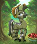 apple apple_tree barrel blue_eyes clothing cowboy_hat cutie_mark ear_piercing equid equine food friendship_is_magic fruit fruit_tree hasbro hat headgear headwear hi_res light light_beam mammal my_little_pony orchard piercing plant rocket-lawnchair stripes sunbeam sunlight tree zebra zecora_(mlp)