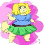 anthro barefoot big_breasts blue_clothing blue_shirt blue_topwear bottomwear braces breasts buckteeth chipmunk cleavage clothed clothing delilah_murphy eyewear feet female fur ghostinhood glasses green_bottomwear green_clothing green_eyes green_skirt ground_squirrel hair hi_res huge_breasts looking_at_viewer mammal messy_hair overweight overweight_female pigtails pink_background rodent sciurid shirt simple_background skirt solo tail teeth topwear yellow_body yellow_fur