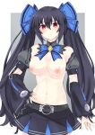  1girl bare_shoulders black_hair bow bowtie breasts cross-laced_clothes detached_sleeves hair_between_eyes hair_bow hand_on_hip highres kami_jigen_game_neptune_v long_hair looking_at_viewer medium_breasts navel neptune_(series) nipples noire_(neptune_series) paid_reward_available pleated_skirt puffy_sleeves red_eyes serious skirt sleeves_past_wrists topless twintails very_long_hair wide_sleeves zatsu 