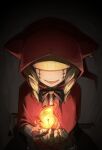  1girl blonde_hair chaperomon dark_background digimon digimon_(creature) digua92537359 drill_hair fire hair_over_eyes holding_matchstick hood hood_up knife_behind_back medium_hair red_hood sharp_teeth smile solo teeth twin_drills 