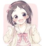  1girl ba_ra_ran blush cardigan clenched_hands collarbone hairband idolmaster idolmaster_cinderella_girls looking_at_viewer muramatsu_sakura neck_ribbon pink_hairband pink_ribbon ribbon sailor_collar short_twintails smile solo twintails upper_body white_cardigan 