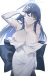  1girl absurdres arturaxia bare_shoulders black_hair blue_archive blue_eyes breasts cleavage collarbone dress earrings elbow_gloves gloves halo highres jewelry large_breasts long_hair looking_at_viewer official_alternate_costume saori_(blue_archive) saori_(dress)_(blue_archive) solo white_dress white_gloves 
