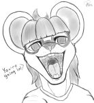 alliz_(macromousie) anthro clothed clothing dialogue digital_media_(artwork) english_text female greyscale hair hi_res imminent_vore looking_at_viewer macromousie mammal monochrome mouse mouth_shot murid murine open_mouth oral_vore rodent shirt simple_background sketch solo teeth text throat tongue topwear vore
