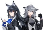  2girls :d animal_ear_fluff animal_ears arknights black_gloves black_hair black_jacket black_vest blue_gloves breasts collared_shirt commentary_request dress ear_piercing fang fingerless_gloves gloves grey_eyes grey_hair hair_between_eyes hair_intakes hand_up highres jacket lappland_(arknights) long_hair long_sleeves looking_at_viewer medium_breasts multiple_girls open_clothes open_jacket piercing red_eyes s_4ik4 shirt simple_background smile texas_(arknights) upper_body vest white_background white_dress white_shirt 