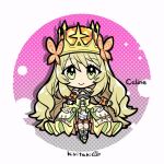  1girl artist_name bare_shoulders blonde_hair bow butterfly_hair_ornament celine_(fire_emblem) character_name chibi chibi_only closed_mouth crown dress dress_bow fire_emblem fire_emblem_engage flower full_body green_bow green_dress green_eyes green_footwear hair_flower hair_ornament kiritaki long_hair looking_at_viewer orange_bow smile solo very_long_hair wrist_bow 