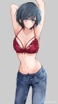  1girl arm_behind_head armpits arms_up bare_arms black_hair blue_eyes blue_pants blush bow bow_bra bra breasts breasts_apart collarbone commentary contrapposto cowboy_shot denim dot_nose eyes_visible_through_hair flower flower_bra grey_background highres jeans kakuremino7928 legs_apart medium_breasts navel no_shirt open_fly original pants parted_lips red_bow red_bra red_flower short_hair simple_background slit_pupils smile solo standing stomach swept_bangs twitter_username underwear 