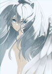  1girl absurdres alternate_hair_color angel_wings arm_at_side backlighting blue_eyes breasts chromatic_aberration completely_nude crack cracked_skin expressionless eyelashes feathered_wings floating_hair grey_background grey_hair grey_theme grey_wings hair_between_eyes hatsune_miku highres light_particles long_hair looking_at_viewer nude parted_lips reirou_(chokoonnpu) sideboob simple_background skinny small_breasts solo tsurime twintails vocaloid wings 