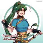  1girl :d black_gloves blue_dress breasts clenched_hand dress earrings english_commentary fingerless_gloves fire_emblem fire_emblem:_the_blazing_blade gloves green_eyes green_hair gzei highres jewelry long_hair looking_at_viewer lyn_(fire_emblem) medium_breasts open_mouth ponytail scabbard sheath sheathed short_sleeves smile solo sword upper_body very_long_hair weapon 
