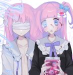  2girls aegyo_sal arm_at_side bandages bandages_over_eyes black_shirt blood blood_in_hair blood_on_clothes blood_on_face blood_on_hands blue_bow blue_eyes blunt_bangs blush bow closed_mouth collarbone collared_jacket collared_shirt colored_eyelashes colored_inner_hair frilled_jacket frilled_shirt_collar frills hair_bow hair_ornament highres holding holding_phone jacket long_hair long_sleeves looking_at_phone multicolored_hair multiple_girls naked_jacket neck_ribbon no_eyebrows open_clothes open_jacket open_mouth original phone pink_hair ponytail purple_hair purple_ribbon rainbow_hair_ornament ribbon shirt shizumu_(shi_zumu) short_ponytail side_ponytail white_background white_jacket 